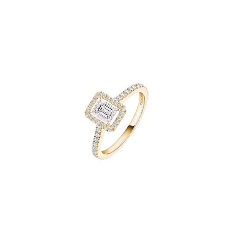Messika ring in geel goud 18kt met emerald diamant van 0,43 karaat als hoofdsteen omringd door briljanten van 0,32 karaat