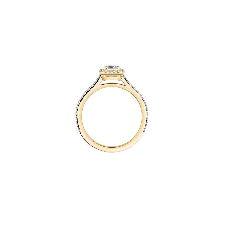 Messika ring in geel goud 18kt met emerald diamant van 0,43 karaat als hoofdsteen omringd door briljanten van 0,32 karaat