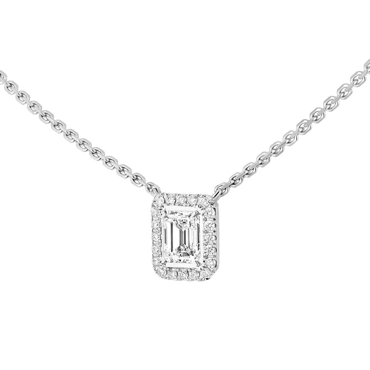 Messika ketting in wit goud 18kt met emerald diamant van 0,25 karaat als hoofdsteen omringd door briljanten van 0,15 karaat