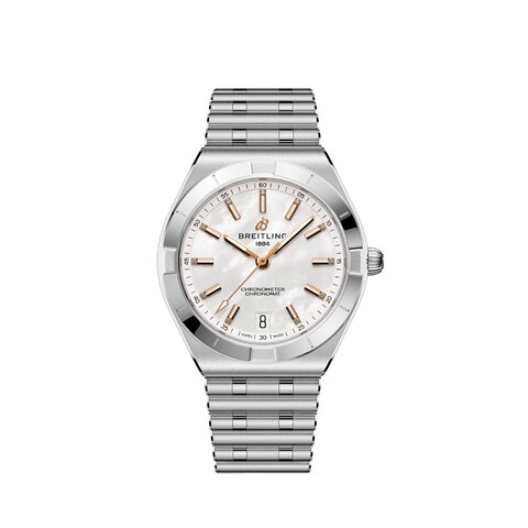 Breitling horloge met een kast in staal, met een wijzerplaat in het parelmoer met  briljant en een diameter van 36 mm