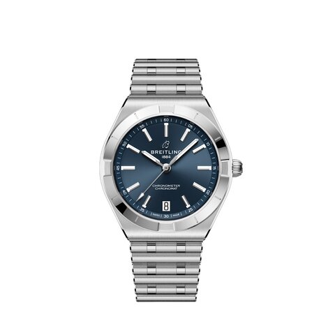 Breitling horloge met een kast in staal, met een wijzerplaat in het blauw en een diameter van 36 mm