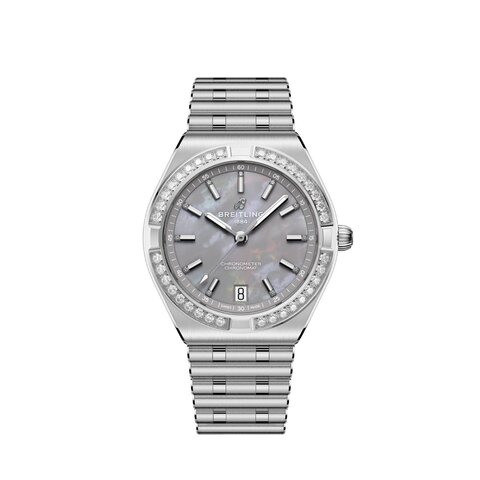 Breitling horloge met een kast in staal, met een wijzerplaat in het parelmoer met  briljant en een diameter van 36 mm