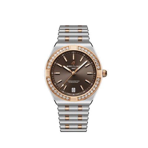 Breitling horloge met een kast in rosé goud op staal, met een wijzerplaat in het bruin met briljant en een diameter van 36 mm