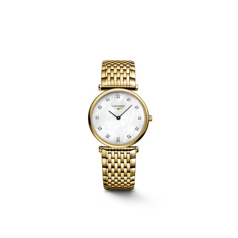 Longines horloge met een kast in gele pvd-coating, met een wijzerplaat in het parelmoer met  briljant en een diameter van 29 mm