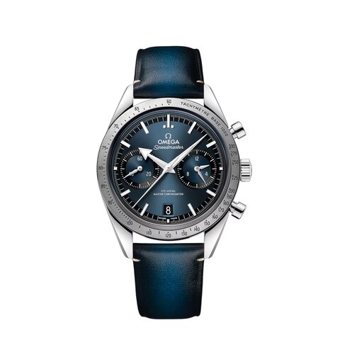 Omega horloge met een kast in staal, met een wijzerplaat in het blauw en een diameter van 40.5 mm
