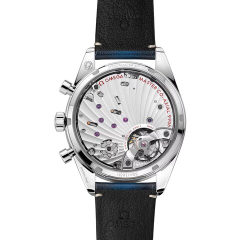 Omega horloge met een kast in staal, met een wijzerplaat in het blauw en een diameter van 40.5 mm