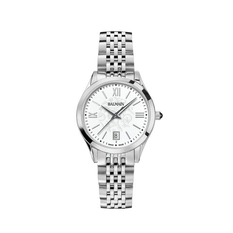 Balmain horloge met een kast in staal, met een wijzerplaat in het wit en een diameter van 34 mm