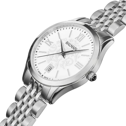 Balmain horloge met een kast in staal, met een wijzerplaat in het wit en een diameter van 34 mm