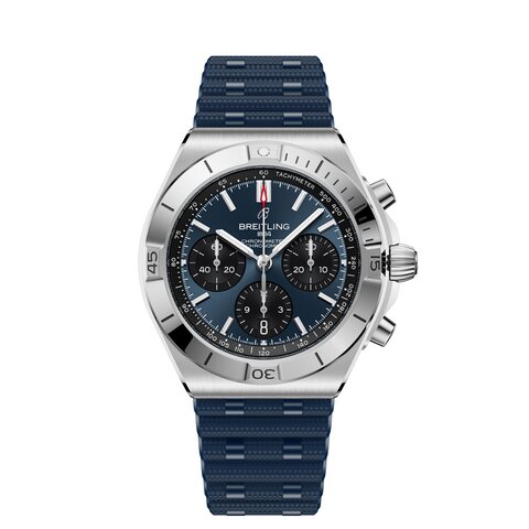 Breitling horloge met een kast in staal, met een wijzerplaat in het blauw en een diameter van 42 mm