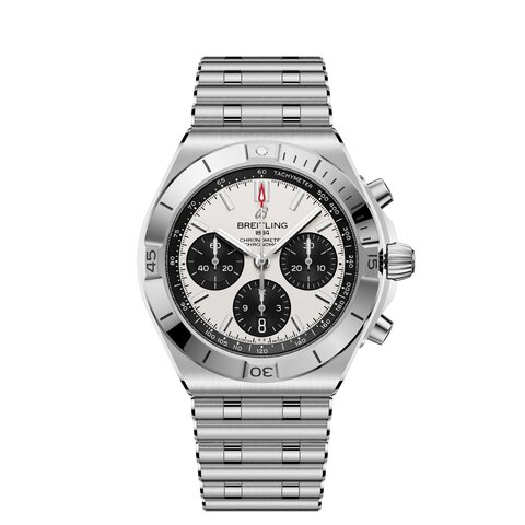 Breitling horloge met een kast in staal, met een wijzerplaat in het wit en een diameter van 42 mm