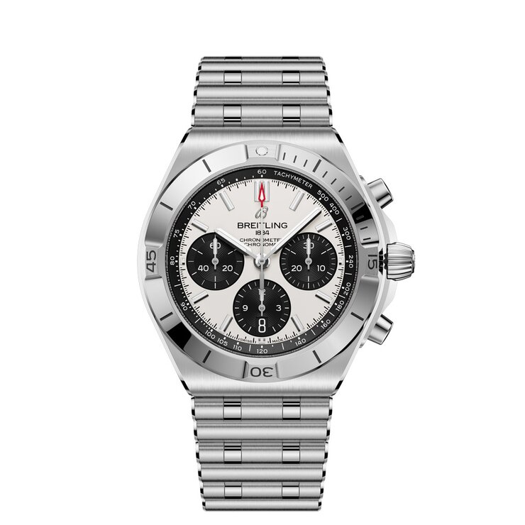 montre Breitling avec un boîtier en acier, un cadran blanc et un diamètre de 42 mm