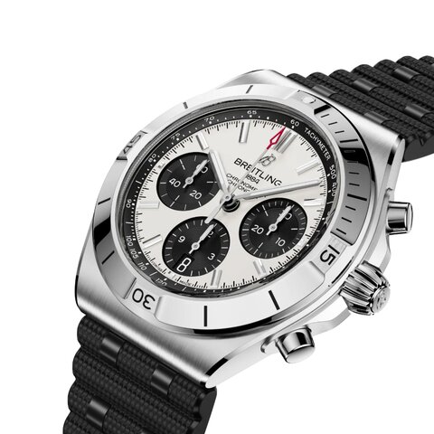 Breitling horloge met een kast in staal, met een wijzerplaat in het wit en een diameter van 42 mm
