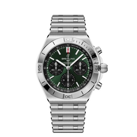 Breitling horloge met een kast in staal, met een wijzerplaat in het groen en een diameter van 42 mm