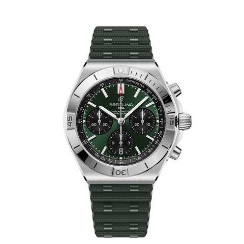 Breitling horloge met een kast in staal, met een wijzerplaat in het groen en een diameter van 42 mm