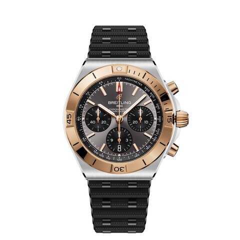 montre Breitling avec un boîtier en or rose sur acier, un cadran gris et un diamètre de 42 mm