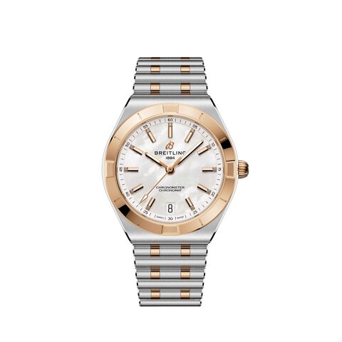 montre Breitling avec un boîtier en or rose sur acier, un cadran nacre avec brillant et un diamètre de 36 mm