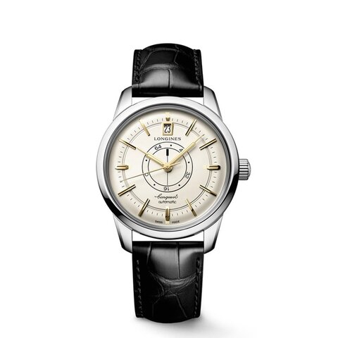 montre Longines avec un boîtier en acier, un cadran beige et un diamètre de 38 mm