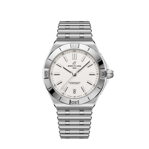 Breitling horloge met een kast in staal, met een wijzerplaat in het wit en een diameter van 40 mm