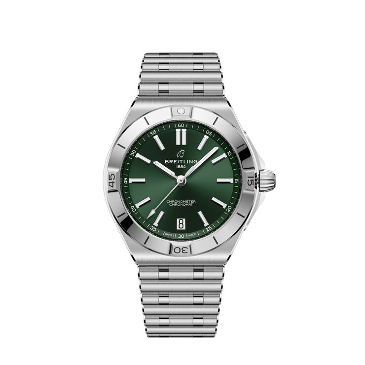 Breitling horloge met een kast in staal, met een wijzerplaat in het groen en een diameter van 40 mm
