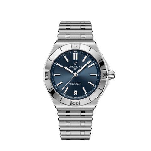Breitling horloge met een kast in staal, met een wijzerplaat in het blauw en een diameter van 40 mm