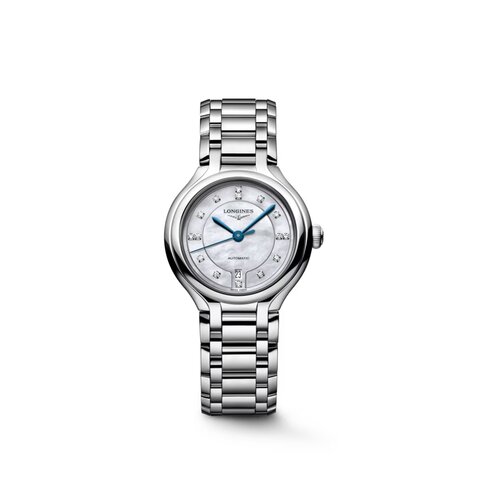 Longines horloge met een kast in staal, met een wijzerplaat in het parelmoer met  briljant en een diameter van 30 mm