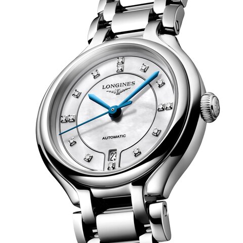Longines horloge met een kast in staal, met een wijzerplaat in het parelmoer met  briljant en een diameter van 30 mm