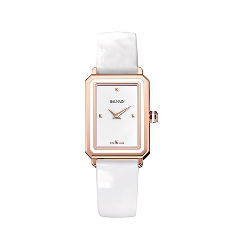 montre Balmain avec un boîtier en revêtement pvd rose, un cadran blanc et un diamètre de 25 x 33 mm
