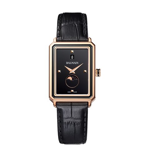 montre Balmain avec un boîtier en revêtement pvd rose, un cadran noir et un diamètre de 28 x 37 mm