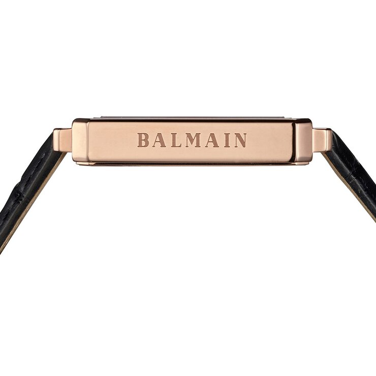 Balmain horloge met een kast in rosé pvd-coating, met een wijzerplaat in het zwart en een diameter van 28 x 37 mm
