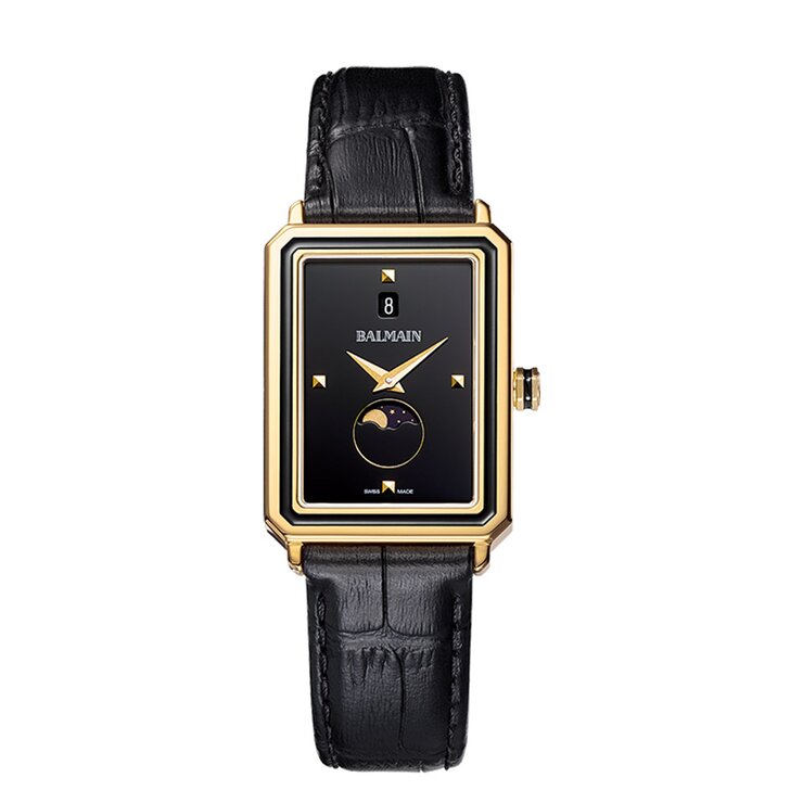 montre Balmain avec un boîtier en revêtement pvd jaune, un cadran noir et un diamètre de 28 x 37 mm