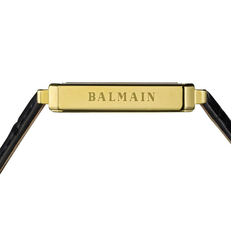 montre Balmain avec un boîtier en revêtement pvd jaune, un cadran noir et un diamètre de 28 x 37 mm