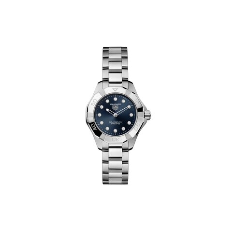 TAG Heuer horloge met een kast in staal, met een wijzerplaat in het blauw met briljant en een diameter van 28 mm