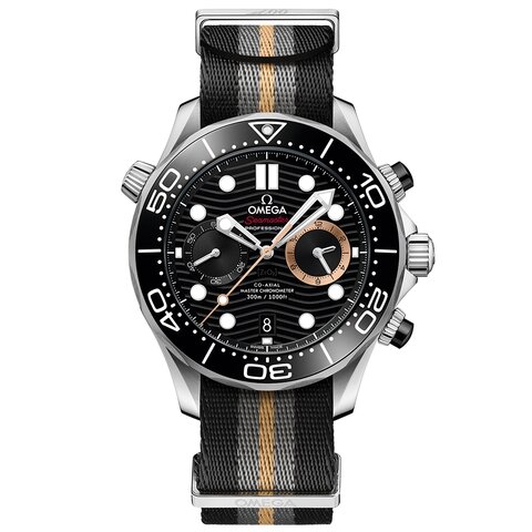 Omega horloge met een kast in keramiek op staal, met een wijzerplaat in het zwart en een diameter van 44 mm