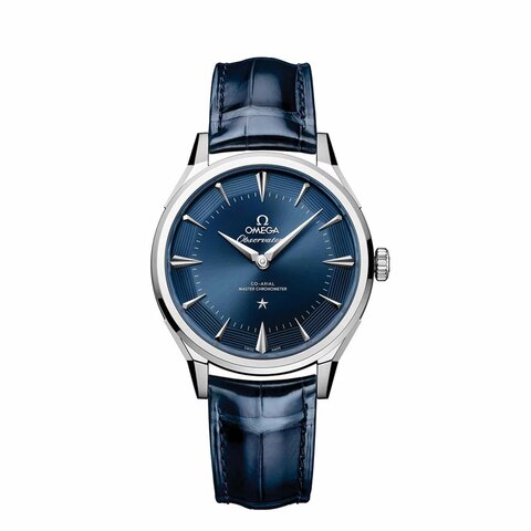 montre Omega avec un boîtier en acier et un cadran bleu