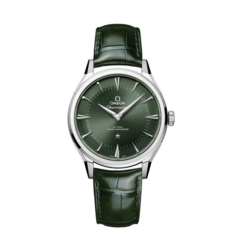montre Omega avec un boîtier en acier et un cadran vert