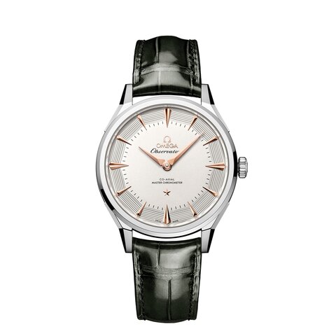 montre Omega avec un boîtier en acier et un cadran argent
