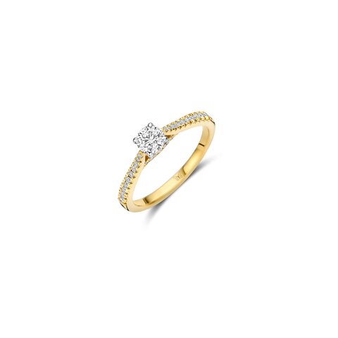 The Exclusive Collection verlovingsring in geel goud 18kt met briljant (ronde diamant) van 0,40 karaat als hoofdsteen omringd door briljanten van 0,16 karaat