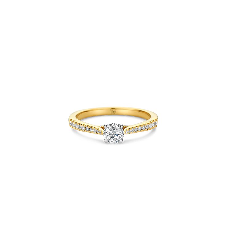 The Exclusive Collection verlovingsring in geel goud 18kt met briljant (ronde diamant) van 0,40 karaat als hoofdsteen omringd door briljanten van 0,16 karaat