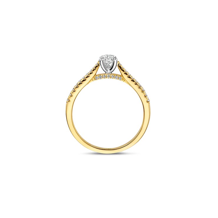 The Exclusive Collection verlovingsring in geel goud 18kt met briljant (ronde diamant) van 0,40 karaat als hoofdsteen omringd door briljanten van 0,16 karaat