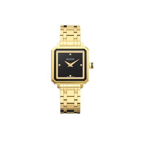 Balmain horloge met een kast in gele pvd-coating, met een wijzerplaat in het zwart en een diameter van 26 mm