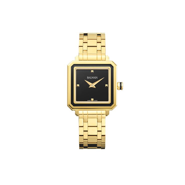 Balmain horloge met een kast in gele pvd-coating, met een wijzerplaat in het zwart en een diameter van 26 mm
