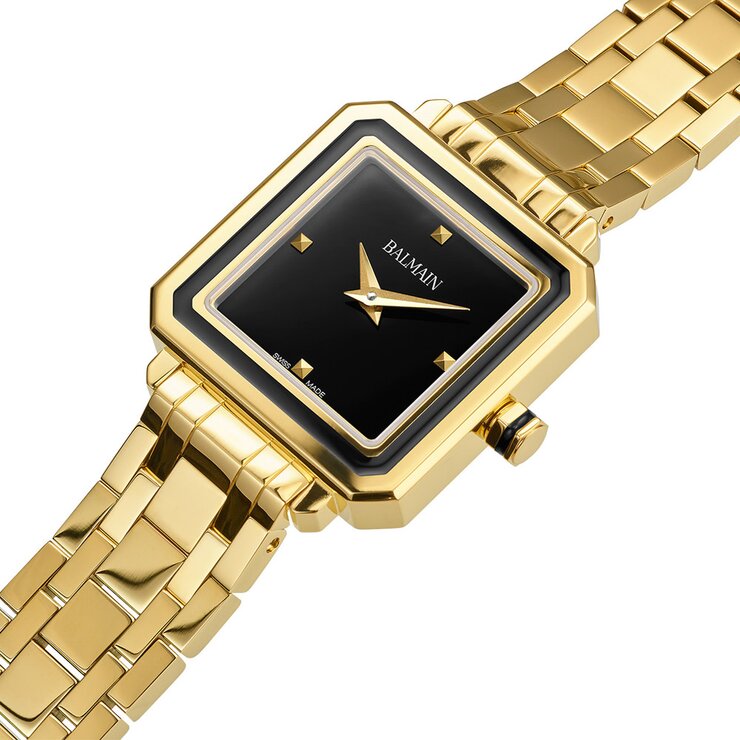 Balmain horloge met een kast in gele pvd-coating, met een wijzerplaat in het zwart en een diameter van 26 mm