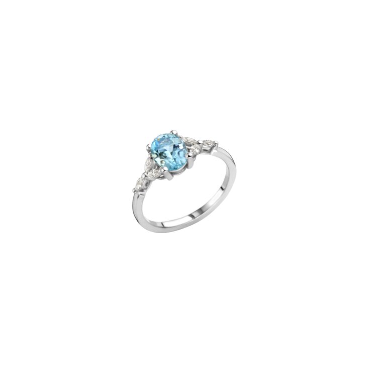 bague de fiançailles Atelier P. en or blanc 18 ct avec aquamarine entouré de briljants de 0,15 karaat