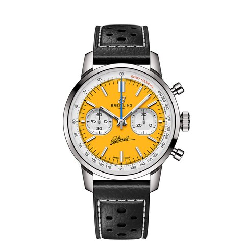 Breitling horloge met een kast in staal, met een wijzerplaat in het geel en een diameter van 41 mm
