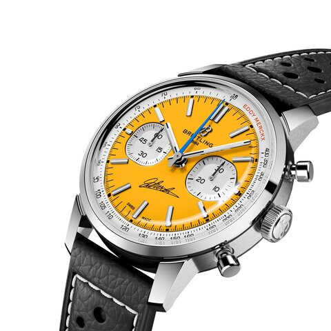 Breitling horloge met een kast in staal, met een wijzerplaat in het geel en een diameter van 41 mm