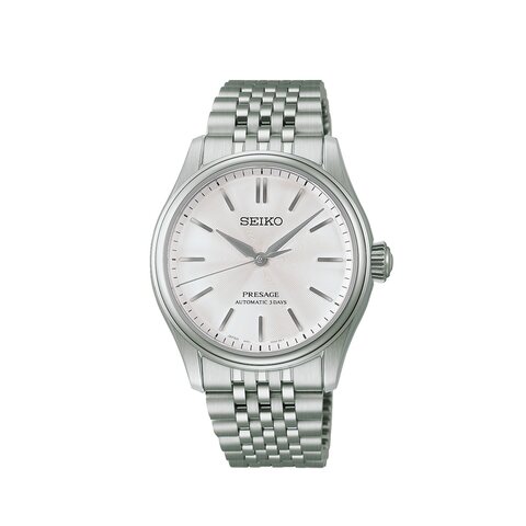 montre Seiko avec un boîtier en acier, un cadran argent et un diamètre de 38 mm