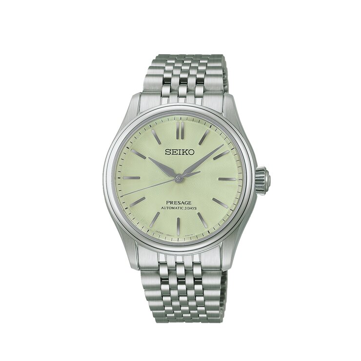 montre Seiko avec un boîtier en acier, un cadran vert et un diamètre de 38 mm