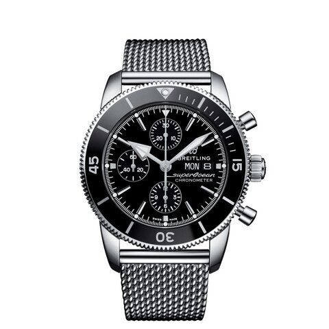 montre Breitling avec un boîtier en acier, un cadran noir et un diamètre de 44 mm