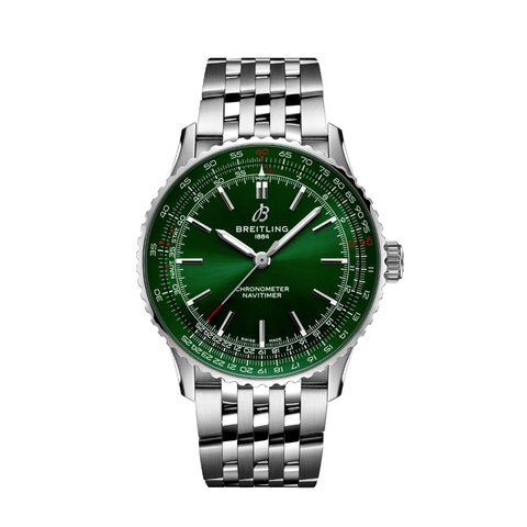 Breitling horloge met een kast in staal, met een wijzerplaat in het groen en een diameter van 41 mm