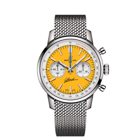 montre Breitling avec un boîtier en acier, un cadran jaune et un diamètre de 41 mm